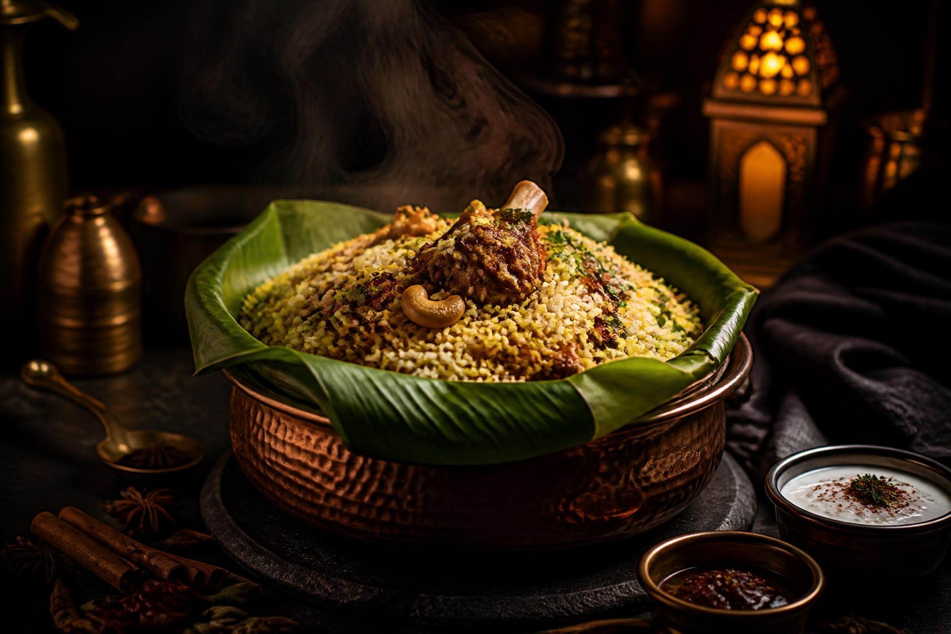 Steaming Malabar dum biriyani served in a copper pot